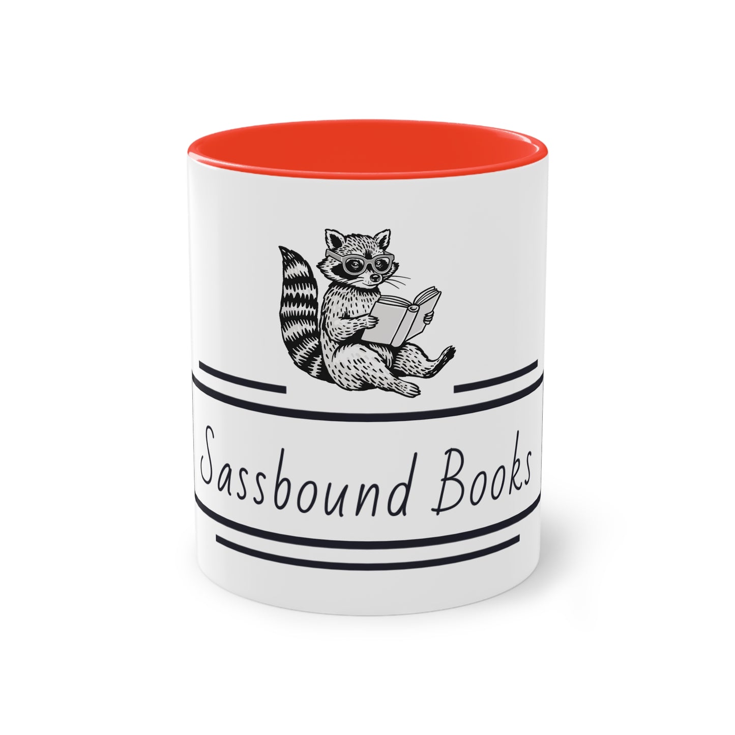 Sassbound Books Two-Tone Coffee Mug - 11oz Reading Raccoon Design