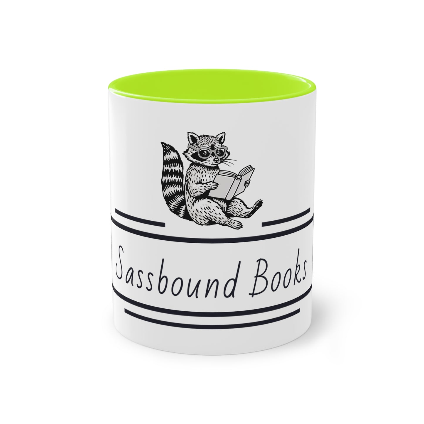 Sassbound Books Two-Tone Coffee Mug - 11oz Reading Raccoon Design