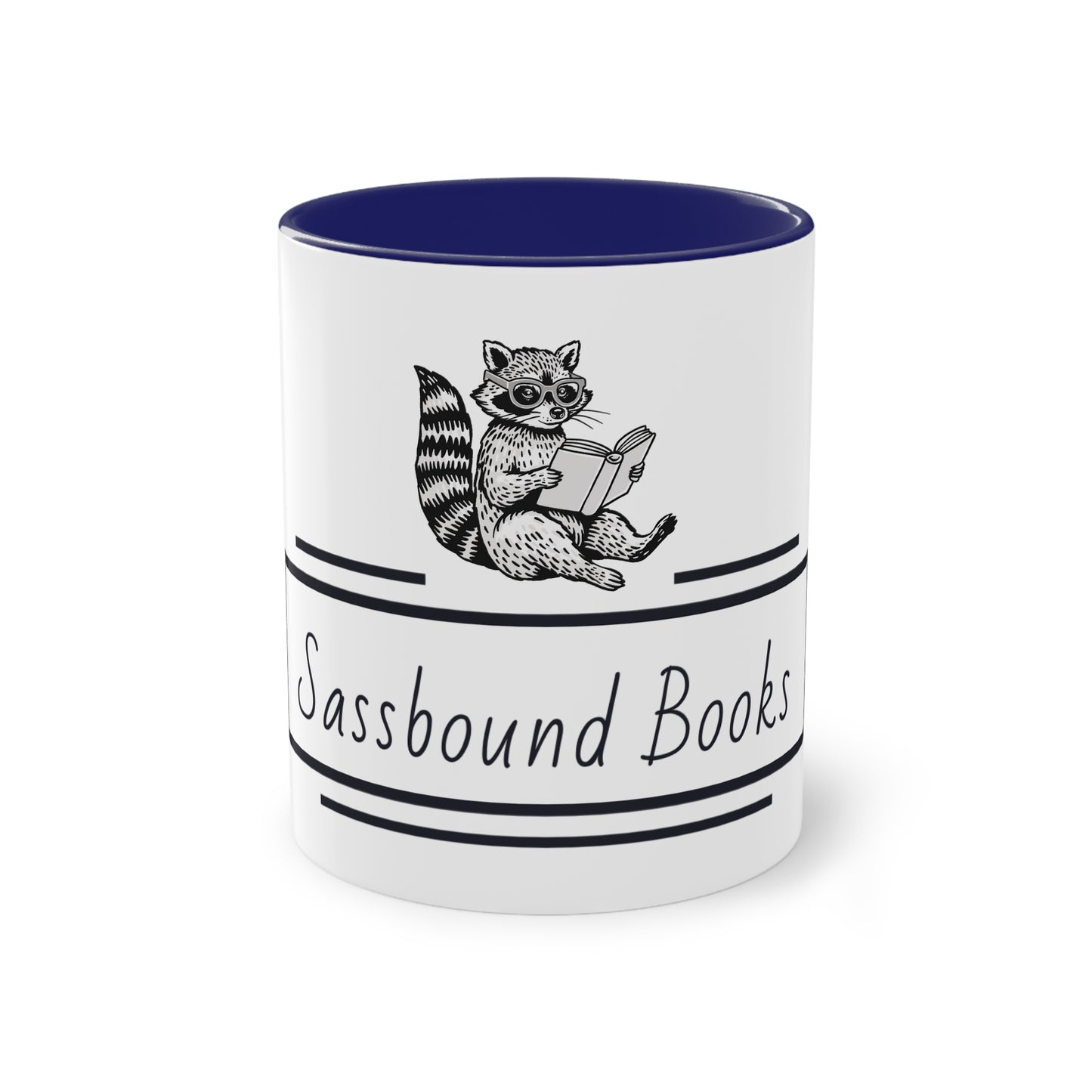 Sassbound Books Two-Tone Coffee Mug - 11oz Reading Raccoon Design