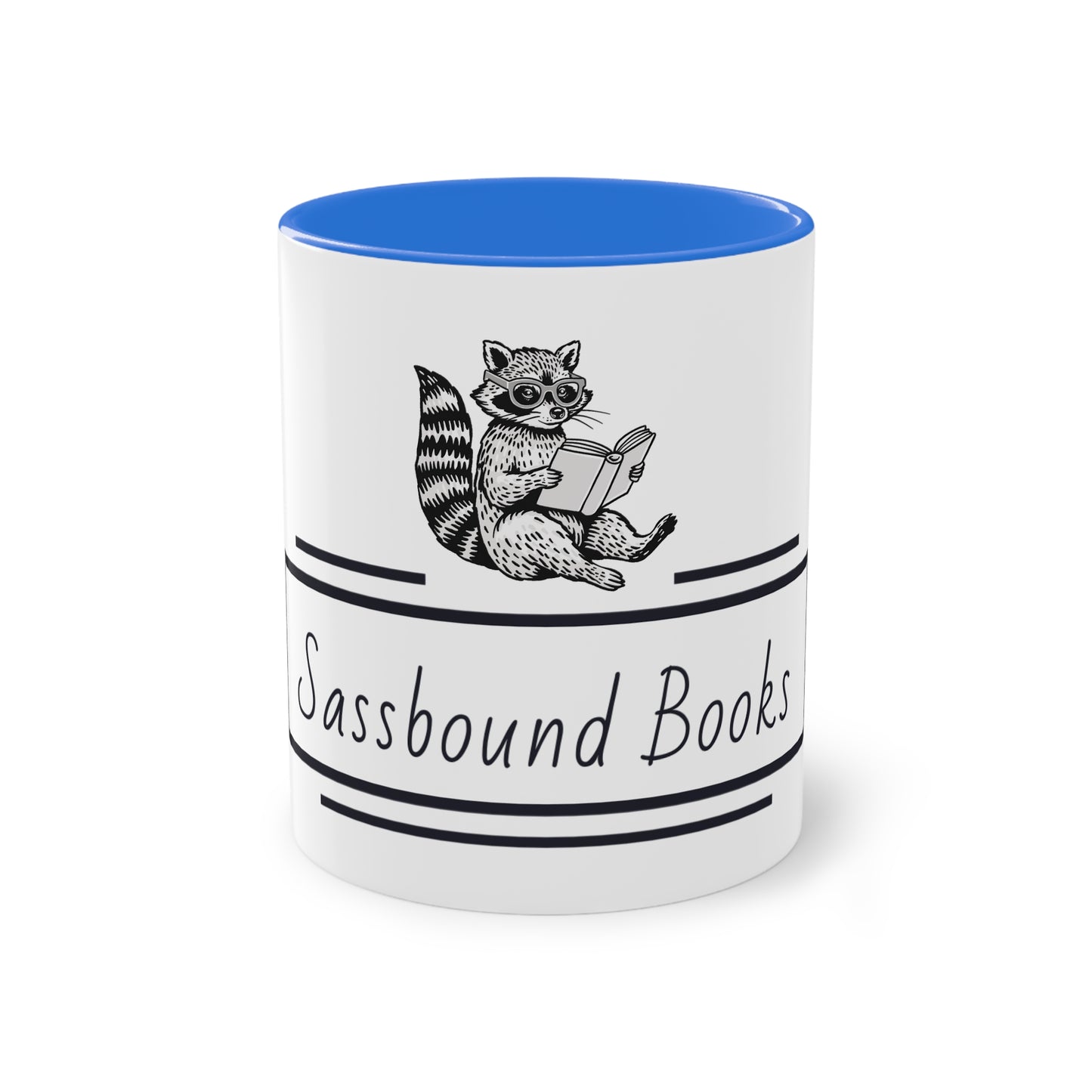 Sassbound Books Two-Tone Coffee Mug - 11oz Reading Raccoon Design