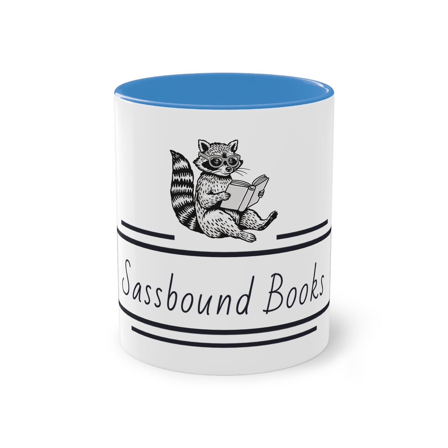 Sassbound Books Two-Tone Coffee Mug - 11oz Reading Raccoon Design
