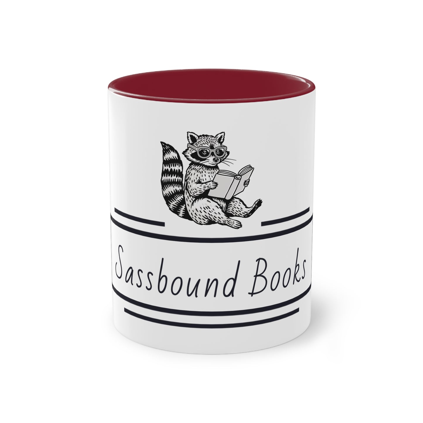 Sassbound Books Two-Tone Coffee Mug - 11oz Reading Raccoon Design