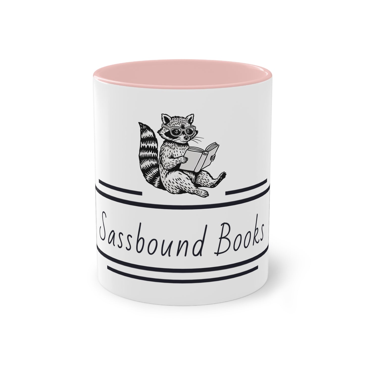 Sassbound Books Two-Tone Coffee Mug - 11oz Reading Raccoon Design