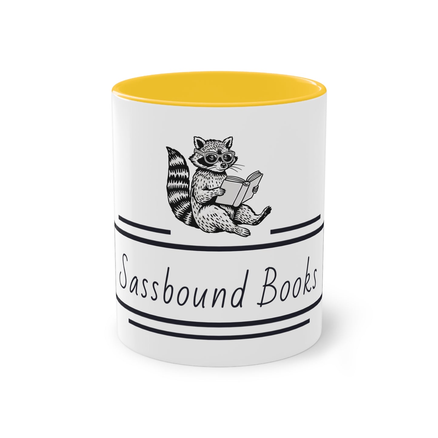Sassbound Books Two-Tone Coffee Mug - 11oz Reading Raccoon Design