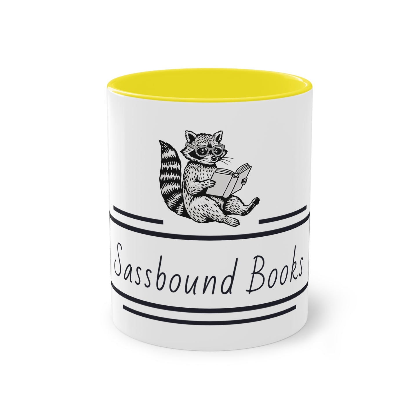 Sassbound Books Two-Tone Coffee Mug - 11oz Reading Raccoon Design