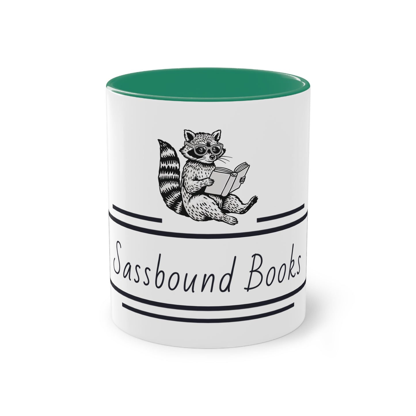 Sassbound Books Two-Tone Coffee Mug - 11oz Reading Raccoon Design